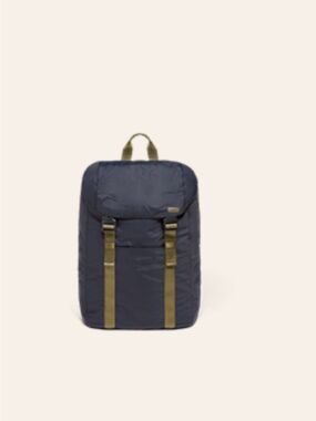 Away: The Packable Backpack. Navy Backpack with Olive Strap Accents